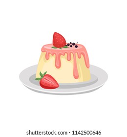 Delicious pudding with pink glaze and ripe strawberry on top. British cuisine. Traditional English dessert. Flat vector for cafe menu