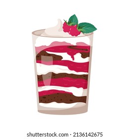 Delicious puff trifle with chocolate biscuit, raspberries, cream and berries. Sweet dessert. Vector flat illustration