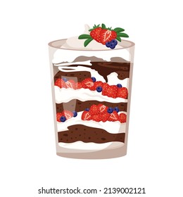 Delicious puff trifle with chocolate biscuit, strawberries and blueberries, cream and berries. Sweet dessert. Vector flat illustration