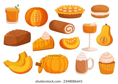 Delicious Pumpkin Dishes From Creamy Pumpkin Soup To Sweet Pie, Juice, Cocktail and Pastry, These Seasonal Treats Offer A Delightful Blend Of Flavors For Autumn Feasts. Cartoon Vector Illustration