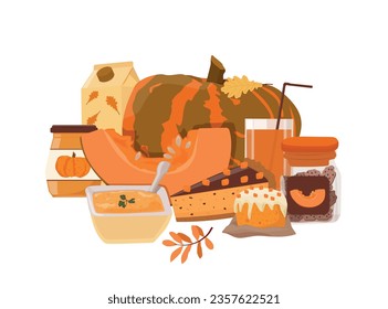 Delicious pumpkin dishes and drinks.  Juice, jam, cake, soup, cupcake, cookies. Autumn mood. Vector illustration.