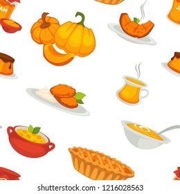 Delicious pumpkin dishes for main course and dessert seamless pattern. Sweet jam, tasty pie, small cake, nutritious soup, fresh cutlets and boiled vegetable isolated cartoon vector illustration on whi