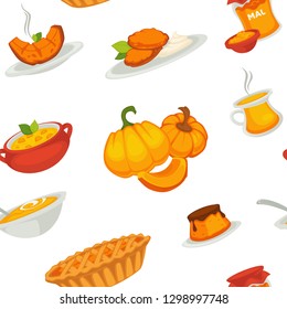 Deliciosos platos de calabaza para platos principales y postres sin fisuras. Mermelada dulce, tarta sabrosa, torta pequeña, sopa nutritiva, chuletas frescas y vectores aislados de verduras hervidas 