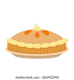 Delicious pumpkin pie, cake on plate isolated on white background. Holiday homemade traditional dish, closeup view.