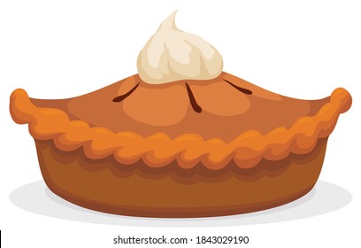 Delicious pumpkin pie decorated with cream, isolated over white background.