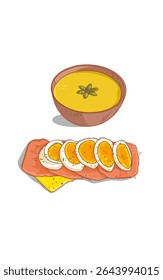 Delicious pumpkin soup in a bowl and slice boiled eggs and ham. Food art