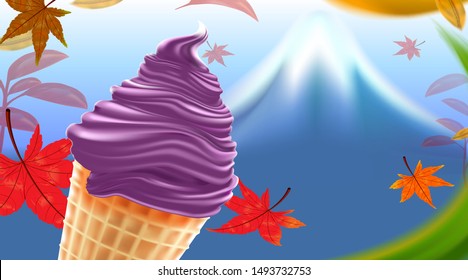 Delicious Purple sweet potato ice cream with milk cream for Autumn on fuji and maple leaves background, vector illustration
