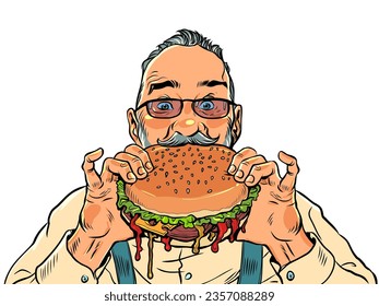 La comida rápida de calidad es deliciosa. Entrega de comida caliente y apetitosa. Un hombre adulto con barba y gafas toma un bocado de una jugosa hamburguesa. Ilustración de vectores retro de arte pop Estilo kitsch vintage de los años 60