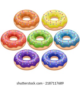 Delicious rainbow-colored donuts isolated on a white background. Baking collection.Vector illustration can be used in the menus of bakeries, restaurants,textiles.