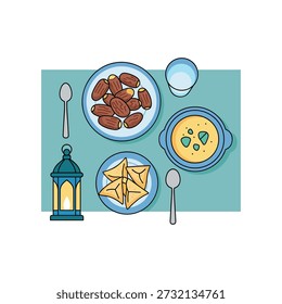 Delicious ramadan iftar meal with dates soup and samosa served on a turquoise background with traditional lantern