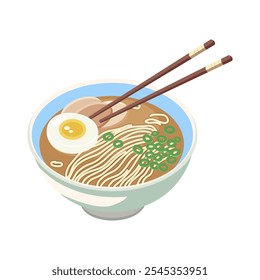 Delicious ramen bowl with egg and green onions. Vector illustration