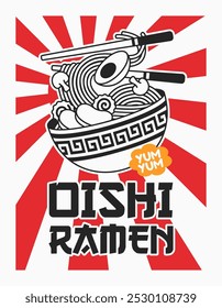 Delicious Ramen Bowl Illustration with Playful Chopsticks and Bold Sunburst Rays.