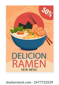 Delicious ramen poster. Traditional Korean noodles with chopsticks. Asian food flyer and leaflet. Bowl with eggs and seafood. Cartoon flat vector illustration isolated on white background