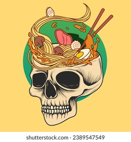 Delicious ramen soup in a human skull bowl 