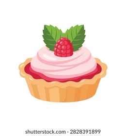 Delicious Raspberry Fruit Tart with Pink Cream Frosting and Mint Leaves Vector Illustration