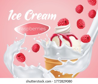 Delicious raspberry ice cream in whipped milk swirl close up summer dessert realistic advertising composition vector illustration 