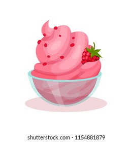 Delicious raspberry ice-cream in small glass bowl. Tasty frozen dessert. Sweet food. Flat vector element for cafe menu