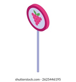 Delicious raspberry lollipop with a bright pink candy coating surrounding a fresh raspberry design