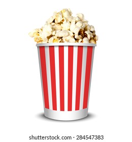 Delicious realistic cinema theater popcorn can, isolated on white background. Vector illustration.