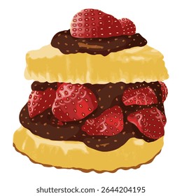 A delicious and realistic digital illustration of a strawberry shortcake layered with chocolate cream and fresh strawberries. Perfect for dessert menus, bakery branding, sweet food packaging, and culi