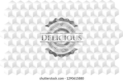 Delicious realistic grey emblem with geometric cube white background