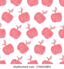 Delicious red apple seamless pattern. Hand drawn abstract apples fruit in elegant decorative style on white background. Food design for kitchen, apron and tablecloth. Good for fabric and textile.