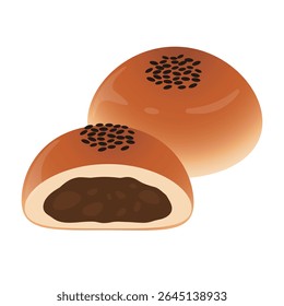 Delicious red bean bread sprinkled with sesame seeds and toasted to a golden brown color, vector illustration