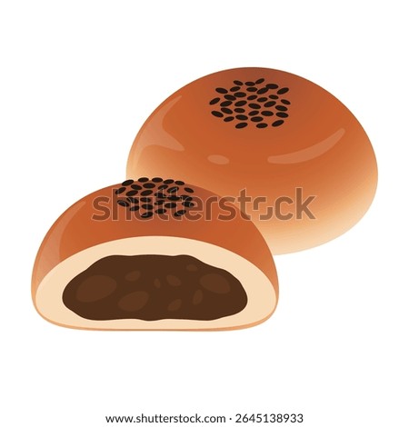 Delicious red bean bread sprinkled with sesame seeds and toasted to a golden brown color, vector illustration