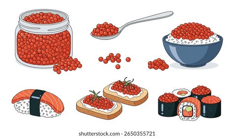 Deliciosas iguarias de caviar vermelho servidas com sushi e aperitivos de pão