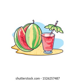 delicious and refresh juice in the beach with watermelon vector illustration design