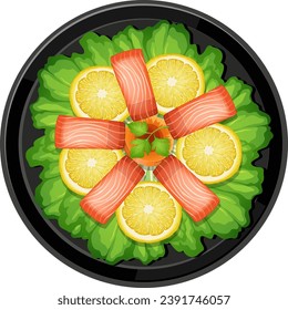 Delicious and refreshing salmon salad with lemon on a black plate