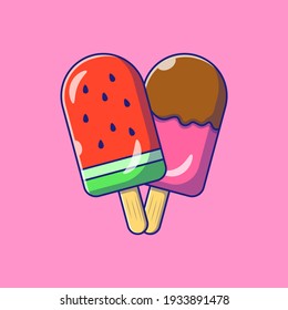 Delicious Refreshing Watermelon Popsicle and Chocolate Strawberry Popsicle on Wooden Stick. Food and Drink Icon Concept. Flat Cartoon Vector Illustration Isolated.