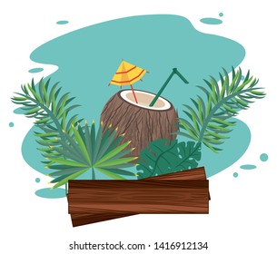 Delicious and refreshment coconut drink on beach with blank wooden sign vector illustration