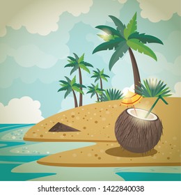 Delicious and refreshment coconut drink on beach, summer cartoons. vector illustration