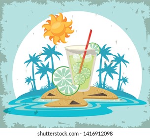 Delicious and refreshment drink on beach, summer cartoons. vector illustration
