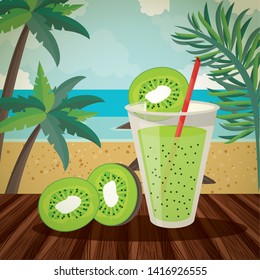 Delicious and refreshment drink on table with beachscape background, summer cartoons. vector illustration