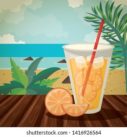 Delicious and refreshment drink on table with beachscape background, summer cartoons. vector illustration