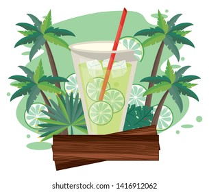 Delicious and refreshment lemonade drink on beach with blank wooden sign vector illustration