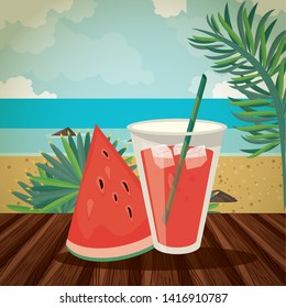 Delicious and refreshment watermelon drink on beach with blank wooden sign vector illustration