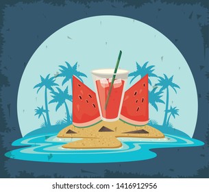 Delicious and refreshment watermelon drink on beach with blank wooden sign vector illustration
