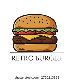 "Deliciosa hamburguesa de estilo retro con hamburguesa de carne, queso derretido, lechuga, tomate y pan de sésamo. Clásica ilustración de comida de hamburguesa retro, Vector PNG escalable para el diseño del menú ".