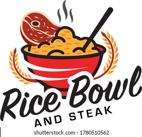 Delicious Rice Bowl and Steak Logo and Illustration