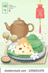 Delicious rice dumplings and hot tea set, Dragon boat festival written in Chinese character