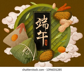 Delicious rice dumplings and its ingredients in top view angle, dragon boat festival written in Chinese characters