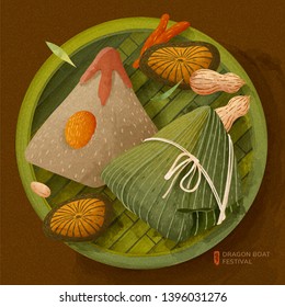 Delicious rice dumplings on bamboo sieve for dragon boat festival, holiday written in Chinese characters