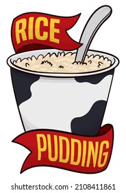 Delicious rice pudding served in a cup with cow spots, spoon and decorative ribbon around it, ready to be consumed.