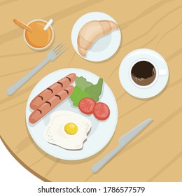 a delicious rich breakfast. Eggs, two grilled sausages, tomatoes with green salad. Next to a mug of black coffee with orange juice, freshly baked croissant. Delicious and healthy food, vector