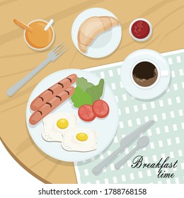 a delicious rich breakfast. Eggs, two grilled sausages, tomatoes with green salad. Next to a mug of black coffee with orange juice, freshly baked croissant. Delicious and healthy food, vector