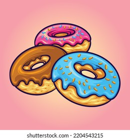 Delicious ring donuts cartoon illustration vector illustrations for your work logo, merchandise t-shirt, stickers and label designs, poster, greeting cards advertising business company or brands