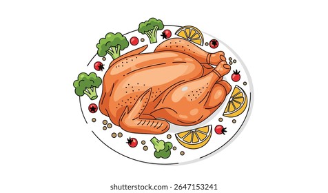 Frango assado delicioso servido em placa decorada